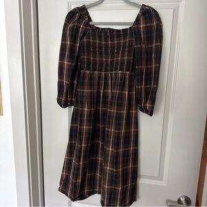 J. Crew Brown Plaid Fall Smocked Puff Sleeve Dress, size small
